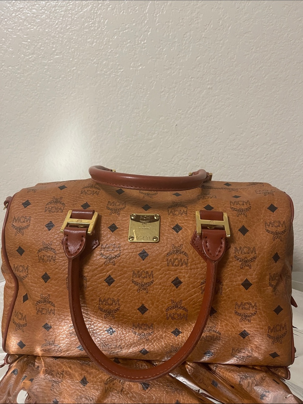 MCM Cognac Visetos Monogram Duffel Bag with Gold Hardware